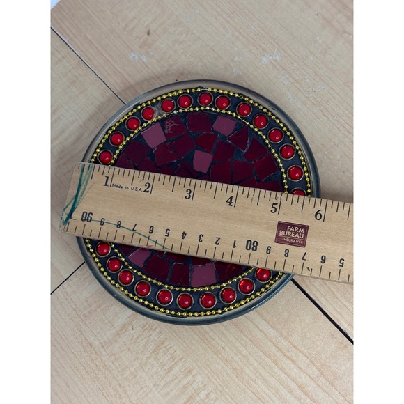 Handmade Mosaic Coaster Trivet Red Glass Beaded Gold Trim Decorative - Picture 5 of 5